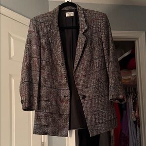 Stylish Black White ,red , green plaid blazer. Great for the holidays!